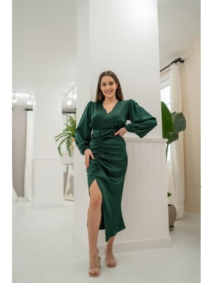 Tiana Zümrüt V Yaka Saten Elbise
