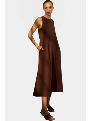 Yazlık Midi Keten Karışımlı Elbise Dikiş Detaylı Shift Kalıp Premium Kalite