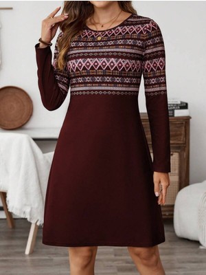 Tiana Kadın Uzun Kollu Bisiklet Yaka Etnik Desenli Kısa Şardonlu Dalgıç Elbise