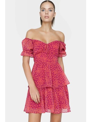 Dokuma Mini Elbise Çiçekli Desen Kısa Kol Astarlı Gipeli Seçkin Malzeme Trend Tasarım