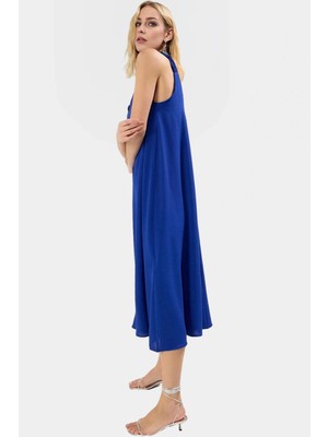 Rahat Kesim Kolsuz V Yaka Midi Elbise Polyester Dokuma Kumaş Premium Kalite