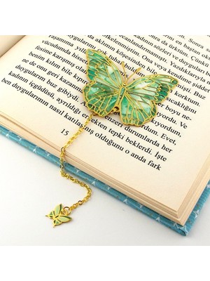 Yeşil Kelebek Vintage Zincirli Bookmark Okuyucu Metal Ayraç Kitap Ayracı AY021
