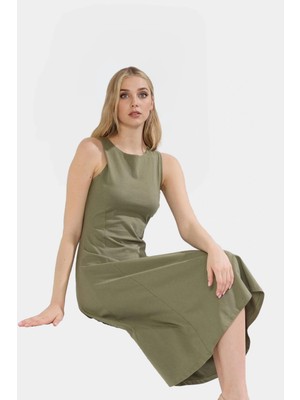 Pamuklu Midi Elbise Kolsuz Skater Bisiklet Yaka Rahat Yazlık Kullanım