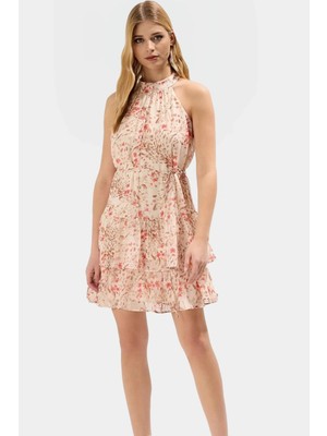 Yazlık Mini Elbise Çok Çiçek Desenli Astarlı Halter Yaka Dokuma Kumaş Günlük Kullanım Için