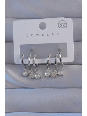 Bfs Pirinç Gümüş Renk Zirkon Taşlı Damla Model Çoklu Görünüm Yarım Halka Küpe