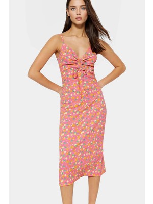 Şık Çiçekli A Line Midi Elbise Nefes Alan Örme Kumaş V Yaka Ince Askılı Trend Tasarım