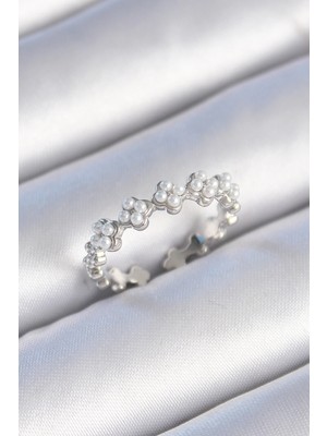 Bfs Pirinç Gümüş Renk Incili Yonca Model Kadın Yüzük