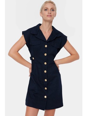 Dokuma Gabardin Mini Elbise Kisa Kol Düğmeli %pamuk Yazlık Dayanıklı Malzeme