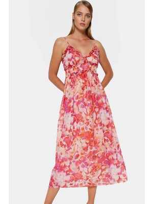 Çiçek Desenli A Kesim Maxi Elbise Şifon Kumaş V Yaka Astarlı Rahat ve Şık Trend Tasarım