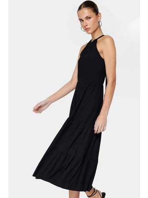 Çiçek Desenli Maxi Elbise Rahat Şık Polyester Skater Halter Yaka Özenle Seçilmiş Konforlu Kesim