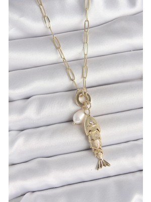 Bfs Inci Detaylı Zirkon Taşlı Balık Figürlü Gold Renk Pirinç Kolye