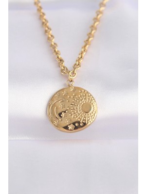 Bfs 316L Çelik Zincir Altın Renk Oval Desenli Kolye