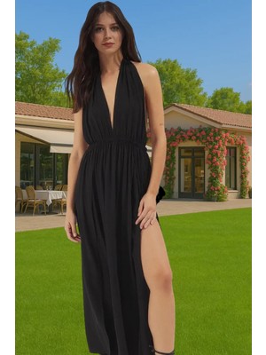 Yazlık Plaj Elbisesi Crinkle Viskoz Maxi Boy Skater Kalıp V Yaka Rahat ve Şık Rahat Kullanım