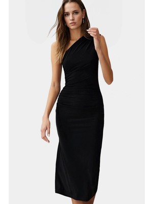 Bodycon Midi Elbise Kolsuz Tek Omuz Örme Kumaş Günlük Şık Dayanıklı Malzeme