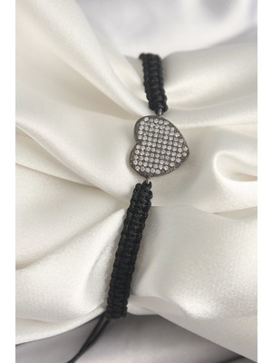 Bfs Pirinç Füme Renk Zirkon Taşlı Kalp Figür Asansörlü Makrome Model Kadın Bileklik