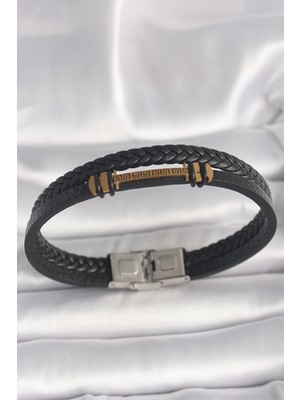 Bfs 316L Çelik Gold Renk Zikzak Işlemeli Aksesuarlı Çift Sıra Burgu Desenli Deri Kordon Erkek Bileklik