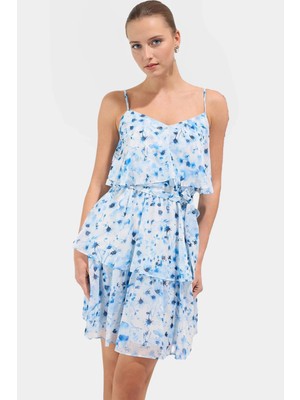 Şifon Kumaş Mini Elbise V Yaka Çiçek Desenli Skater Kalıp Rahat Seçkin Malzeme Konforlu Kesim