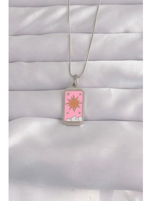 Bfs 316L Çelik Gümüş Renk Pembe Mineli Güneş Model Tarot Kolye