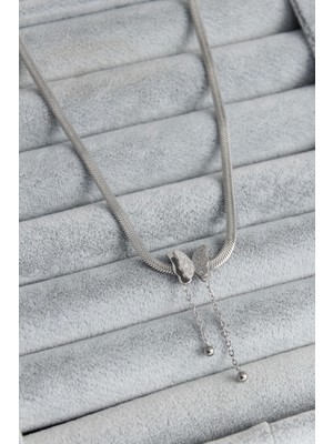 Bfs 316L Çelik Gümüş Renk Italyan Zincir Model Simli Kelebek Figür Kadın Kolye