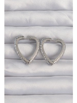 Bfs Pirinç Gümüş Renk Zirkon Taşlı Motifli Kalp Küpe