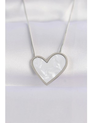 Bfs 316L Çelik Zincir Gümüş Renk Mermer Desenli Kalp Kolye