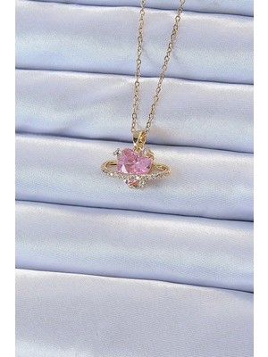 Bfs 316L Çelik Zincir Altın Renk Pembe Zirkon Taşlı Satürn Görünümlü Kalp Kolye