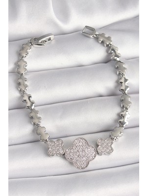 Bfs Pirinç Gümüş Renk Zirkon Taşlı Yonca Model Zincir Model Kadın Bileklik