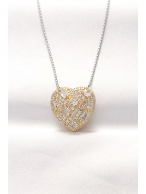 Bfs 316L Çelik Çift Renk Zirkon Taşlı Kalp Kolye