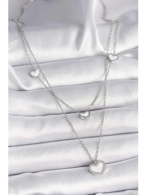 Bfs 316L Çelik Gümüş Renk Zincir 2'li Zincir Kalp Model Kadın Kolye