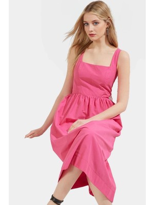 Dokuma Midi Elbise Skater Kalıp Kolsuz Belden Kaliteli Işçilik Rahat ve Şık