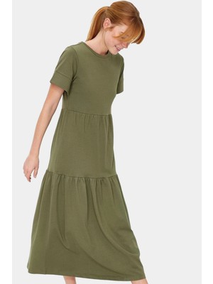 Rahat Pamuklu Maxi Elbise Yazlık A Line Bisiklet Yaka Kısa Kollu Tasarım Modern Stil Uzun Ömürlü