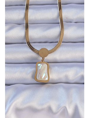 Bfs 316L Çelik Gold Renk Italyan Zincir Ezme Taşlı Kolye