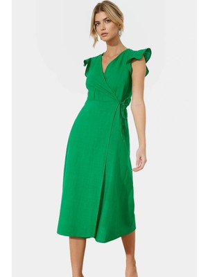 Kısa Kollu Keten Görünümlü Midi Elbise V Yaka Kruvaze Rahat Kalıp Mükemmel Uyum Yüksek Kalite