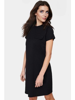 Pamuklu T Shirt Elbise A Line Cep Detaylı Kısa Kol Bisiklet Yaka Günlük Kullanım Için