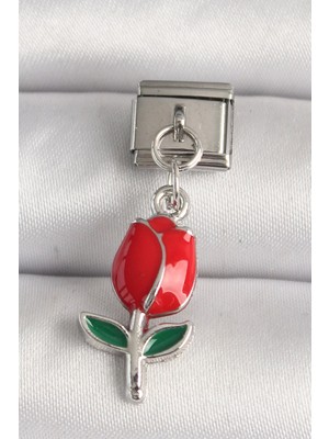 Bfs 316L Çelik Gümüş Renk Kırmızı Gül Model Nomination Charm