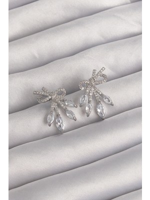 Bfs Pirinç Gümüş Renk Zirkon Taşlı Fiyonk Küpe