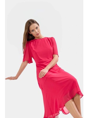 Astarlı Şifon Elbise Dokuma Kumaş Midi Boy Melek Kol Premium Kalite Mükemmel Uyum Uzun Ömürlü