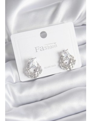 Bfs Pirinç Gümüş Renk Zirkon Taşlı Kadın Küpe