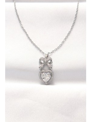 Bfs 316L Çelik Silver Renk Zirkon Taşlı Kalpli Fiyonk Kolye