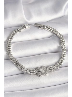 Bfs Pirinç Gümüş Renk Zirkon Taşlı Çiçek Figür Arpa Zincir Model Kadın Bileklik