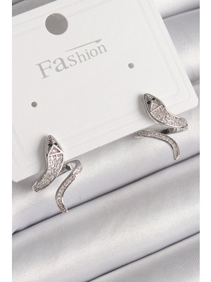 Bfs Pirinç Gümüş Renk Zirkon Taşlı Yılan Model Kadın Küpe