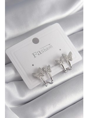 Bfs Pirinç Gümüş Renk Zirkon Taşlı Kelebek Model Kadın Küpe