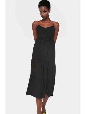 Polyester Dokuma Midi Elbise Renk Skater Kalıp Kolsuz Belden Açılan Etek Mükemmel Uyum