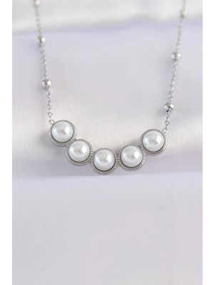 Bfs 316L Çelik Zincir Gümüş Renk Sıralı Inci Taşlı Kolye