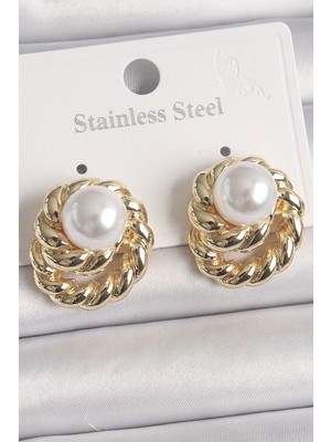 Bfs Pirinç Gold Renk Incili Sarmal Burgu Model Kadın Küpe