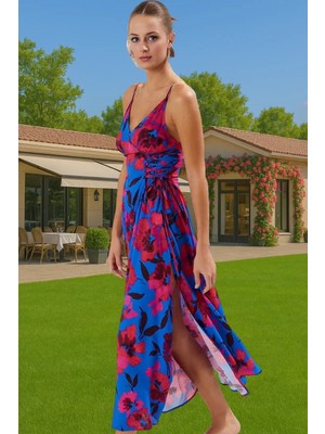 Kolsuz V Yaka Çiçek Desenli Maxi Viskoz Elbise Yazlık Plaj Profesyonel Görünüm Rahat ve Şık