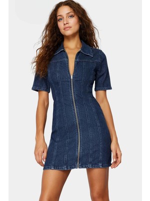 Kısa Kollu Bodycon Denim Elbise Fermuarlı Gömlek Yaka Rahat Günlük Kaliteli Işçilik Kullanım