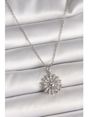 Bfs 316L Çelik Gümüş Renk Zincir Zirkon Taşlı Güneş Model Kadın Kolye