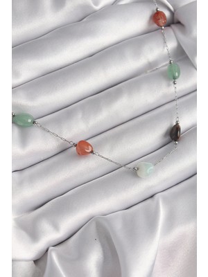 Bfs 316L Çelik Gümüş Renk Zincir Renkli Doğaltaş Model Kadın Kolye