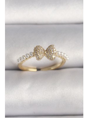 Bfs Pirinç Gold Renk Zirkon Taşlı Fiyonk Inci Detay Ayarlanabilir Yüzük